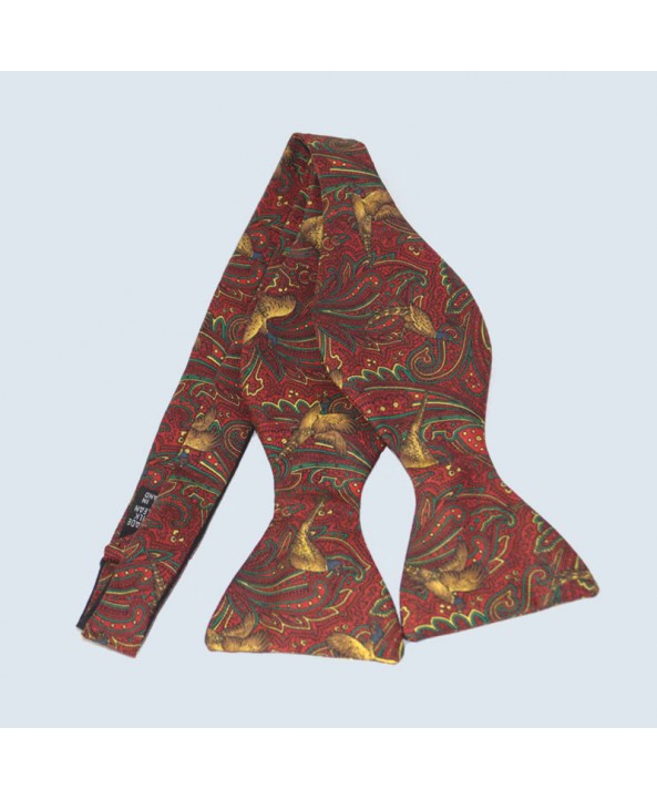 Fine Silk Pheasant Design Paisley Self-tie Bow tie in Red