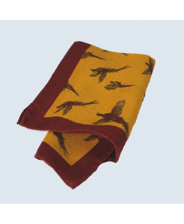 Fine Printed Wool Challis Flying Pheasant Design Handkerchief with a Red Frame