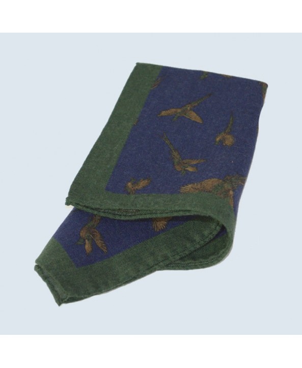 Fine Printed Wool Challis Flying Pheasant Design Handkerchief with a Green Frame
