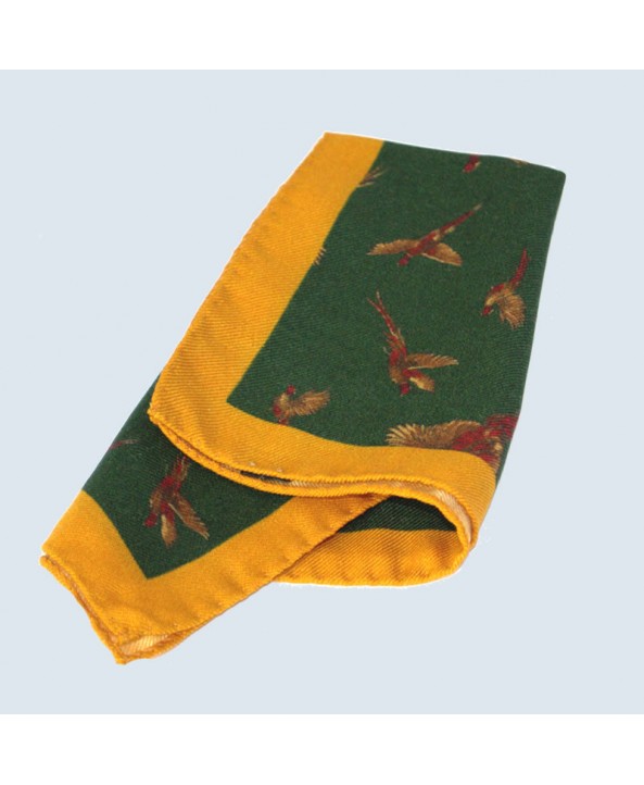 Fine Printed Wool Challis Flying Pheasant Design Handkerchief with a Yellow Frame