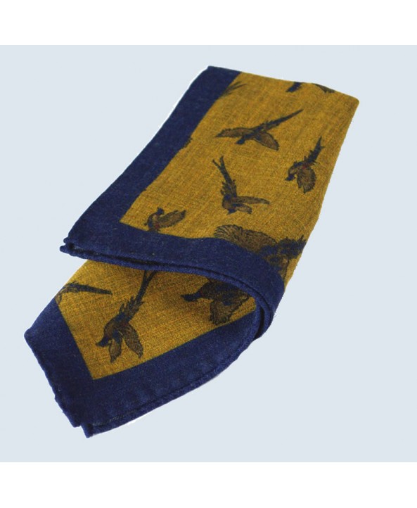 Fine Printed Wool Challis Flying Pheasant Design Handkerchief with a Navy Frame