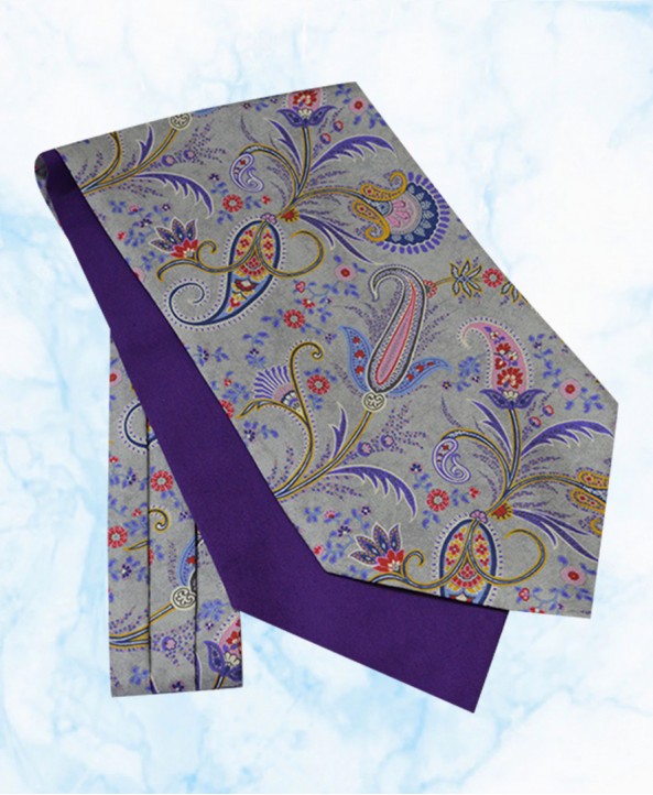 Silk Cravat with a Flamboyant Paisley Design on a Grey background