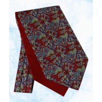 Silk Cravat with a Navy, Cream and Light Green Floral Design on a Bright Red background