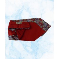 Silk Cravat with a Navy, Cream and Light Green Floral Design on a Bright Red background