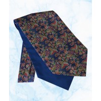 Silk Cravat with a Purple, Cream and Light Green Floral Design on a Navy background