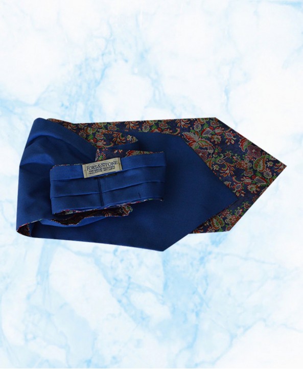 Silk Cravat with a Purple, Cream and Light Green Floral Design on a Navy background