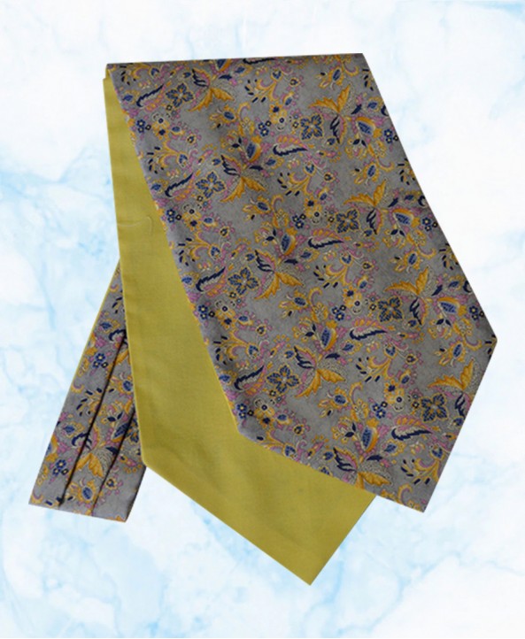 Silk Cravat with a Navy and Yellow Floral Design on a Grey background
