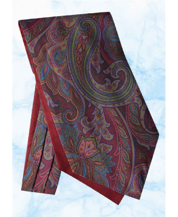 Silk Cravat with a Blue Paisley Design on a Burgundy background