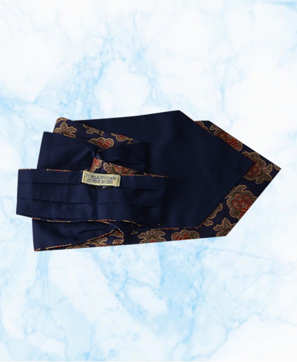 Silk Cravat with Bronze and Red Floral Design on a Navy background
