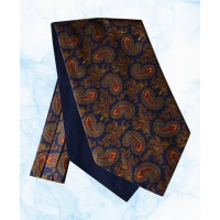 Silk Cravat with Bronze, Yellow and Light Blue Floral Design on a Navy background