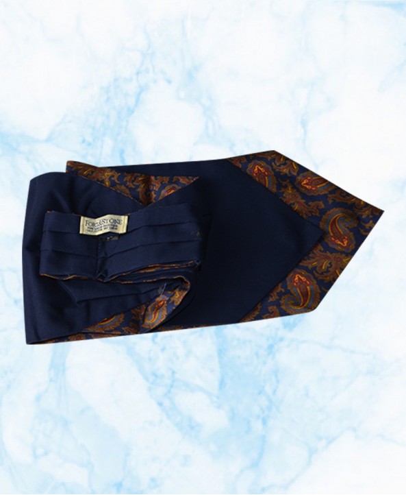 Silk Cravat with Bronze, Yellow and Light Blue Floral Design on a Navy background