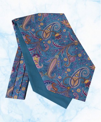 Silk Cravat with a Flamboyant Paisley Design on a Denim Blue background