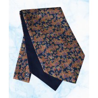 Silk Cravat in a Lively Paisley Design with Red, Light Blue and Gold on Navy Background
