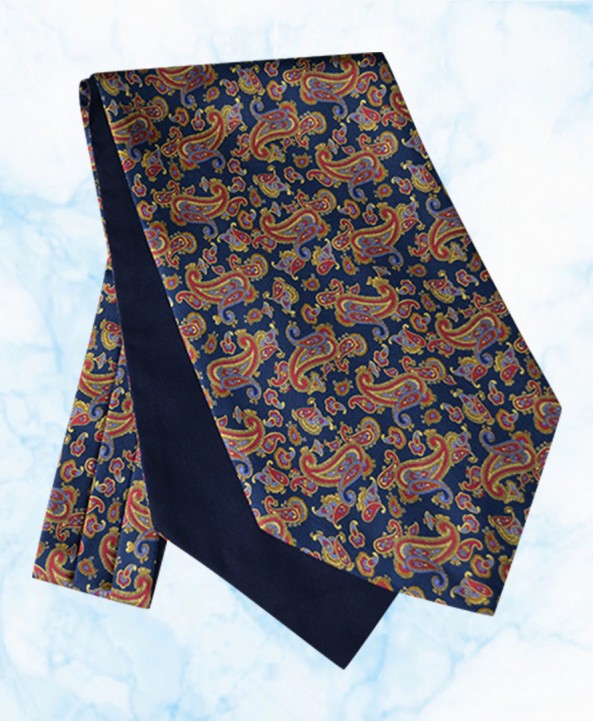 Silk Cravat in a Lively Paisley Design with Red, Light Blue and Gold on Navy Background