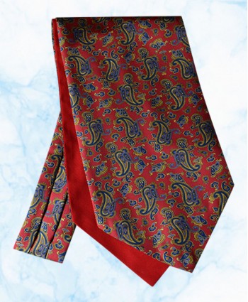 Silk Cravat in a Lively Paisley Design with Navy, Light Blue and Gold on Bright Red Background