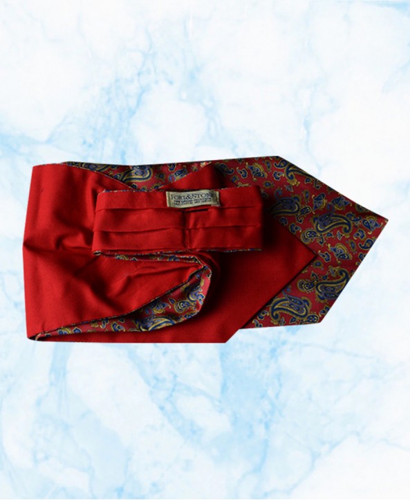 Silk Cravat in a Lively Paisley Design with Navy, Light Blue and Gold on Bright Red Background