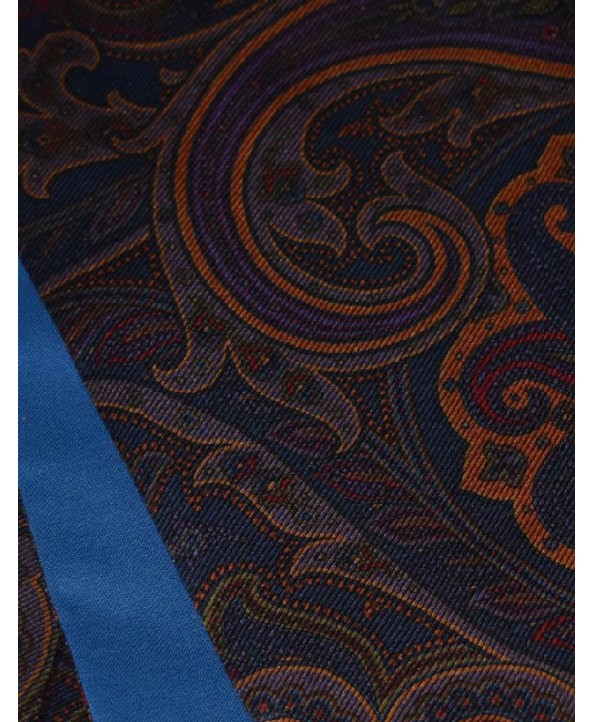 Silk Self-tie Cravat in a Flamboyant Paisley Design in Navy with Burned Orange, Purple, Lilac and Burgundy tones