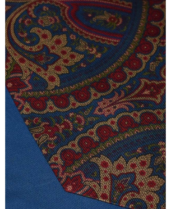 Silk Cravat in a Flamboyant Paisley Design in Teal with Burned Orange, and Red Coral tones