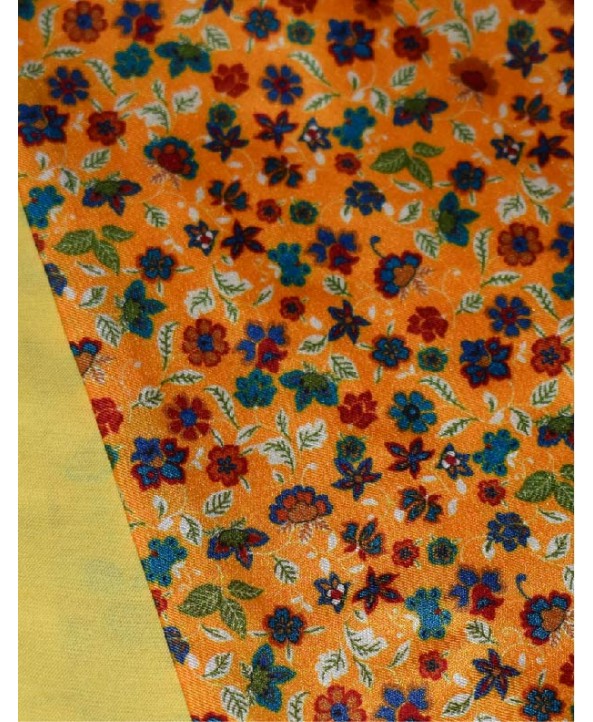 Silk Cravat in a Floral Design in Sunny Yellow with hints of Green, Red, Teal and Orange