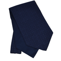 Fine Wool Cravat in Navy with White, Blue and Brown Pin Dots