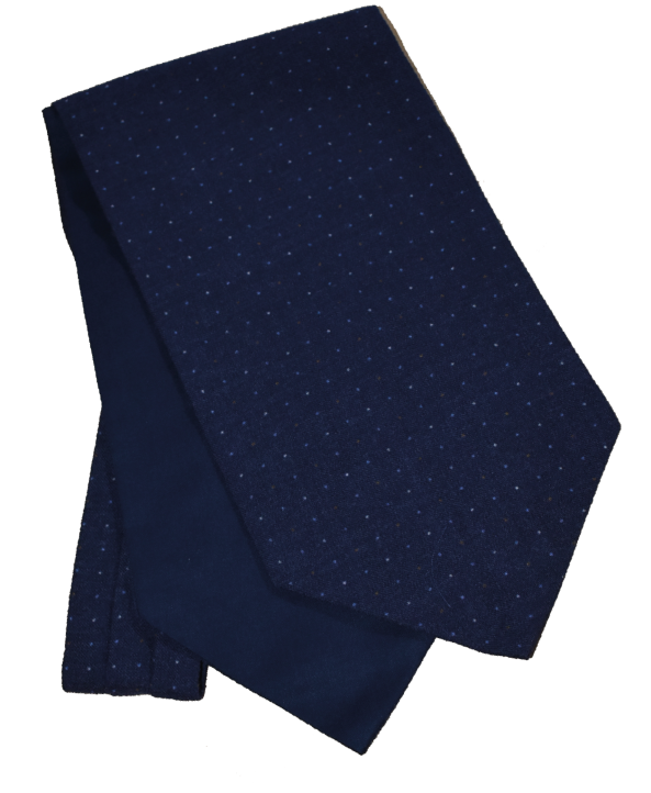 Fine Wool Cravat in Navy with White, Blue and Brown Pin Dots Fine Wool Cravat in Navy with White, Blue and Brown Pin Dots