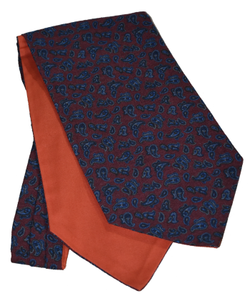 Fine Wool Paisley Cravat in Maroon with hints of Blue and Navy