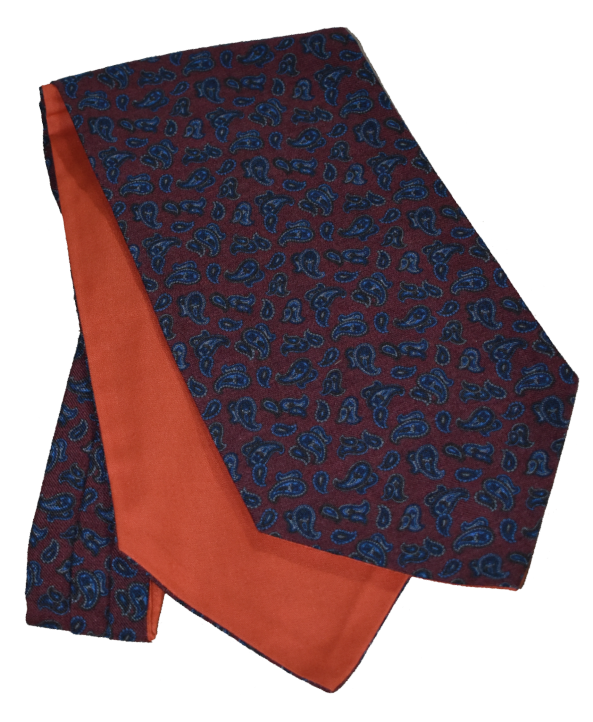 Fine Wool Paisley Cravat in Maroon with hints of Blue and Navy Fine Wool Paisley Cravat in Maroon with hints of Blue and Navy