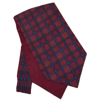 Fine Wool Tartan Design Cravat in Burgundy with Maroon and Light blue detail