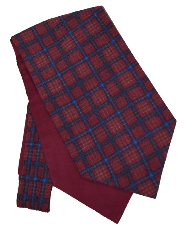 Fine Wool Tartan Design Cravat in Burgundy with Maroon and Light blue detail Fine Wool Tartan Design Cravat in Burgundy with Maroon and Light blue detail
