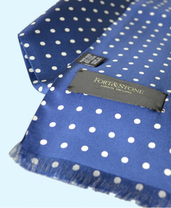 Fine Silk Spotted Double-Sided Silk Scarf in Royal Blue with White Polka Dots