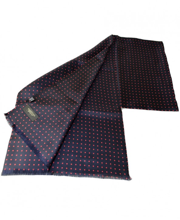 Fine Silk Spotted Double-Sided Silk Scarf in Navy Blue with Red Polka Dots  