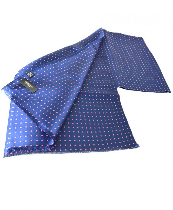 Fine Silk Spotted Double-Sided Silk Scarf in Fench Blue with Pink Polka Dots  