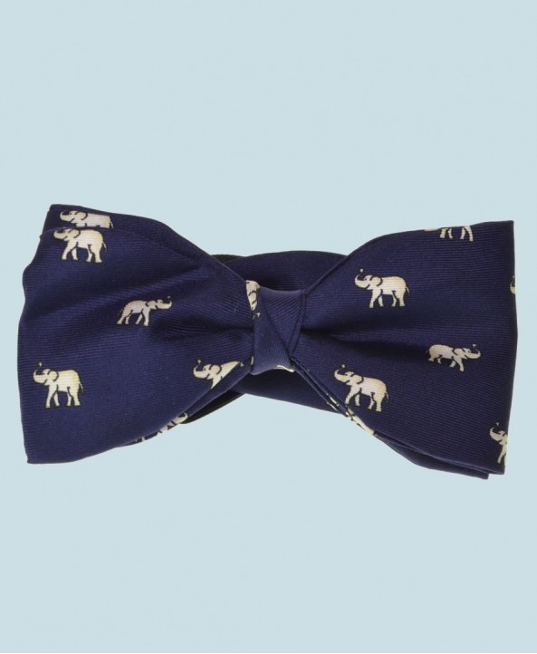 Fine Silk Lucky Elephant Pattern Ready Tie Bow Tie in Navy and White