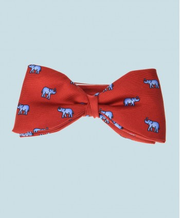 Fine Silk Lucky Elephant Pattern Ready Tie Bow Tie in Red and Light Blue