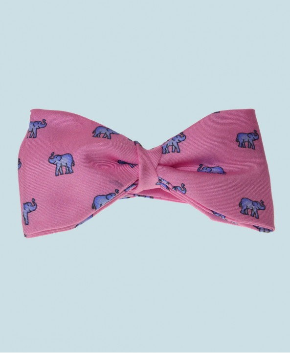 Fine Silk Lucky Elephant Pattern Ready Tie Bow Tie in Pink and Light Blue