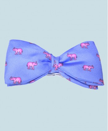 Fine Silk Lucky Elephant Pattern Ready Tie Bow Tie in Light Blue and Pink