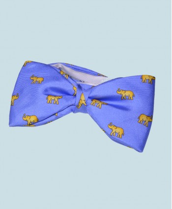 Fine Silk Lucky Elephant Pattern Ready Tie Bow Tie in Light Blue and Yellow