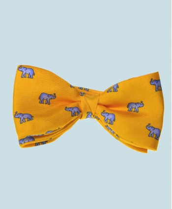 Fine Silk Lucky Elephant Pattern Ready Tie Bow Tie in Yellow and Light Blue