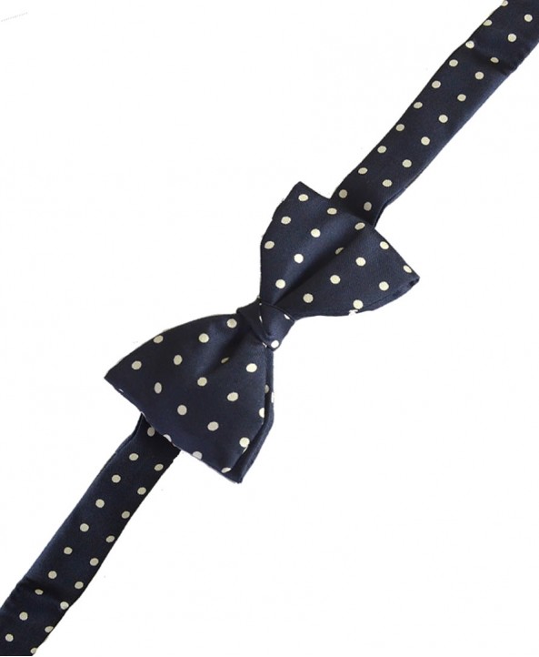 Fine Silk Spotted Self Tie Bow in Navy Blue with White 
