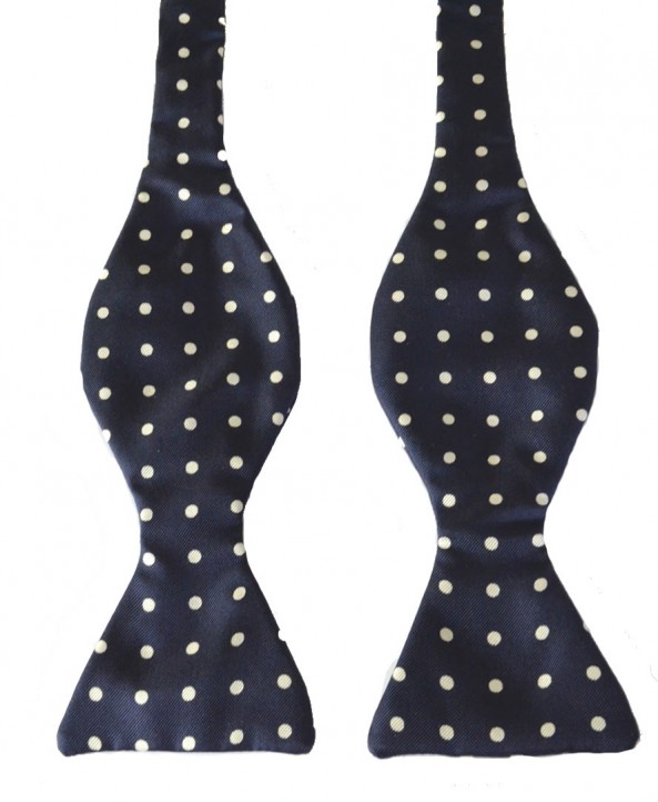 Fine Silk Spotted Self Tie Bow in Navy Blue with White 