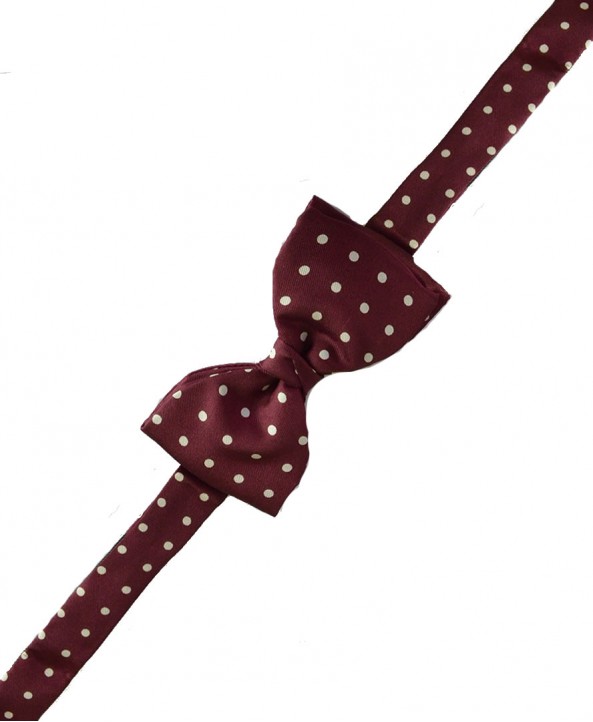 Fine Silk Spotted Self Tie Bow in Wine Red with White