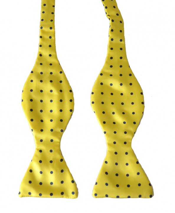 Fine Silk Spotted Self Tie Bow in Yellow with Navy 