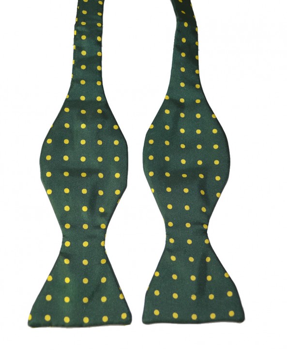Fine Silk Spotted Self Tie Bow in Olive Green with Yellow