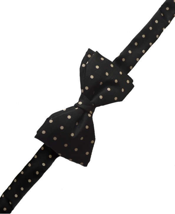 Fine Silk Spotted Self Tie Bow in Black with White