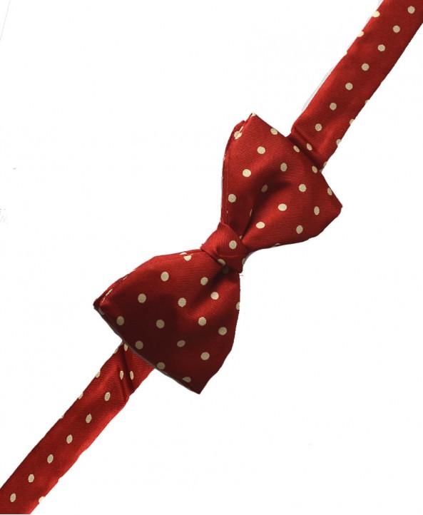 Fine Silk Spotted Self Tie Bow in Scarlet with White