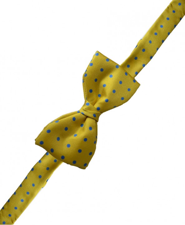 Fine Silk Spotted Self Tie Bow in Golden Yellow with Blue