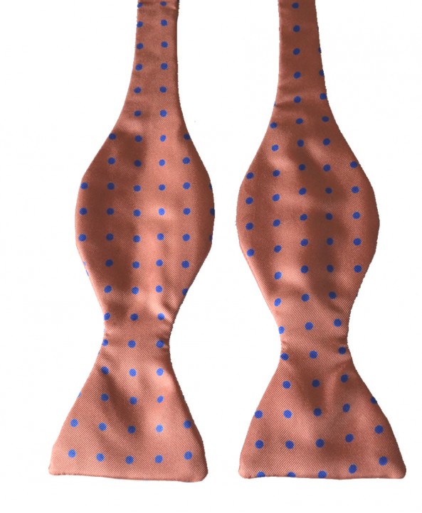 Fine Silk Spotted Self Tie Bow in Warm Pink with Blue