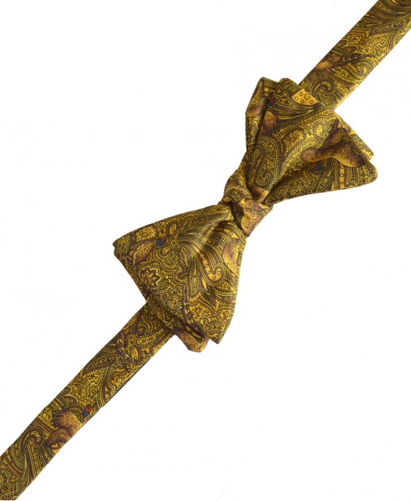 Fine Silk Pheasant and Paisley Pattern Self Tie Bow in Gold