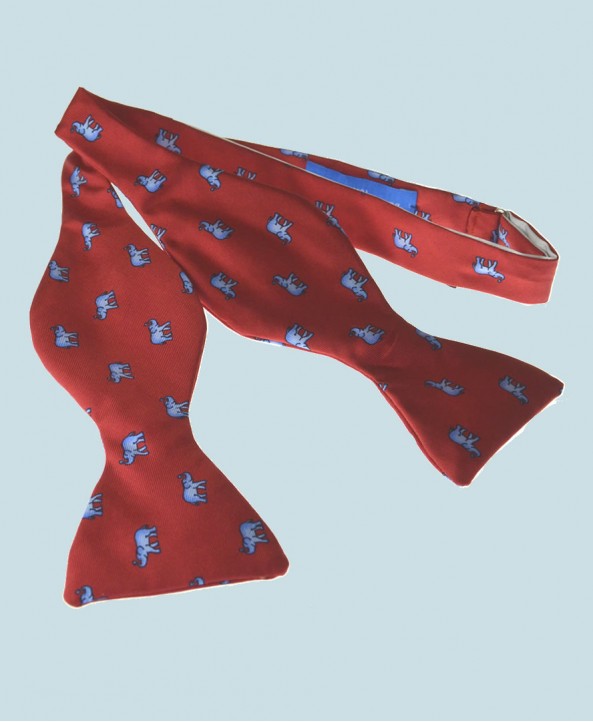 Fine Silk Lucky Elephant Pattern Self Tie Bow Tie in Red and Light Blue