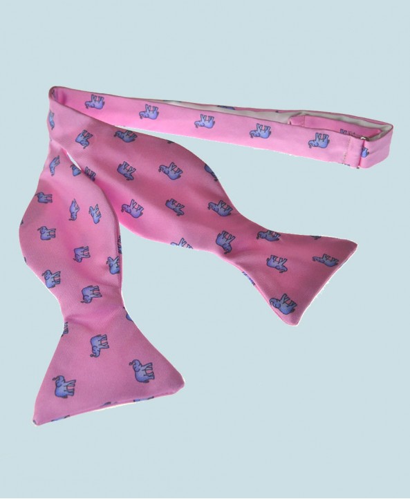 Fine Silk Lucky Elephant Pattern Self Tie Bow Tie in Pink and Light Blue